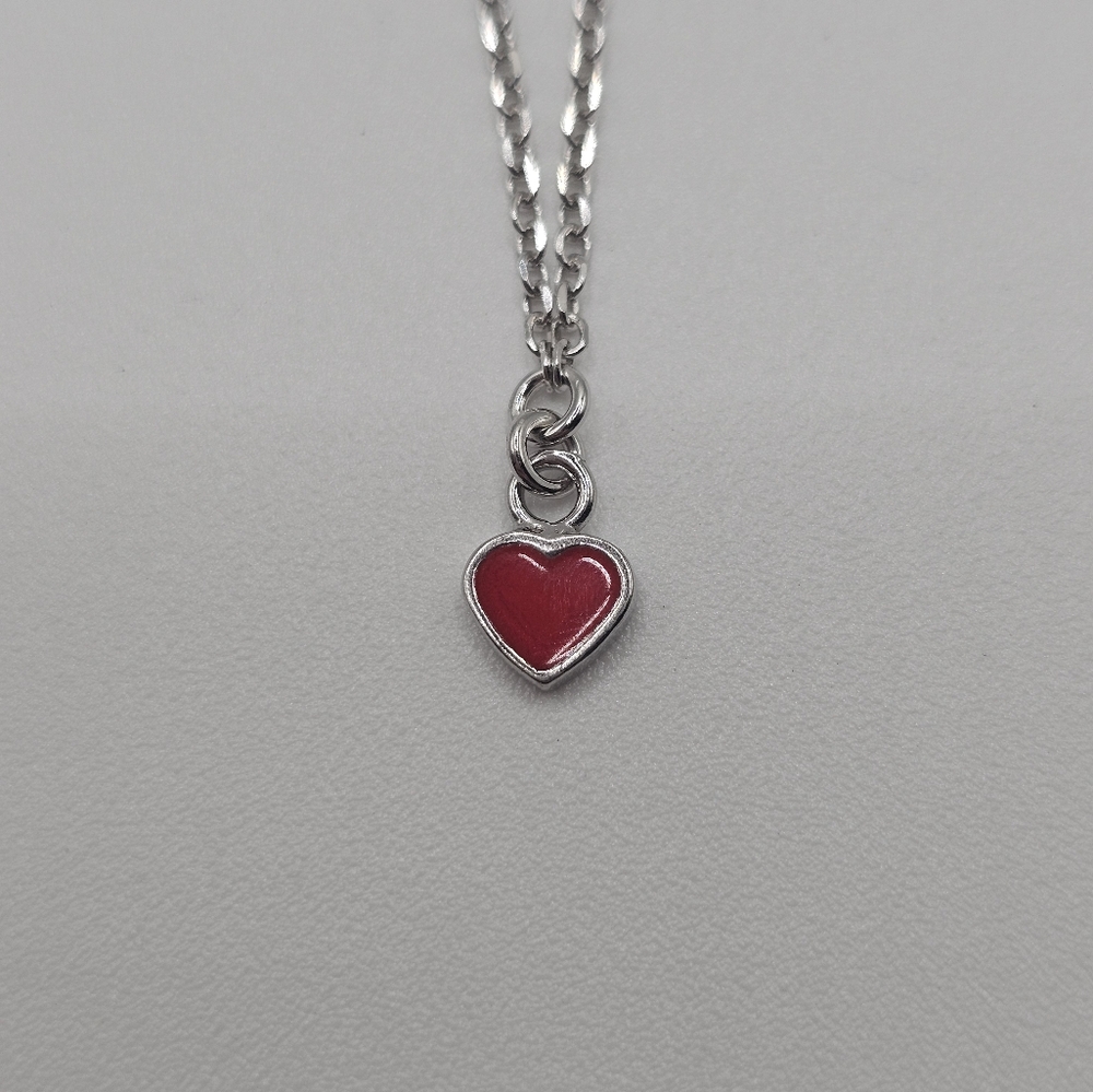 Sterling Silver 925 Rhodium Plated Rolo Link Red Enamel Heart Bracelet - Picture 6 of 15